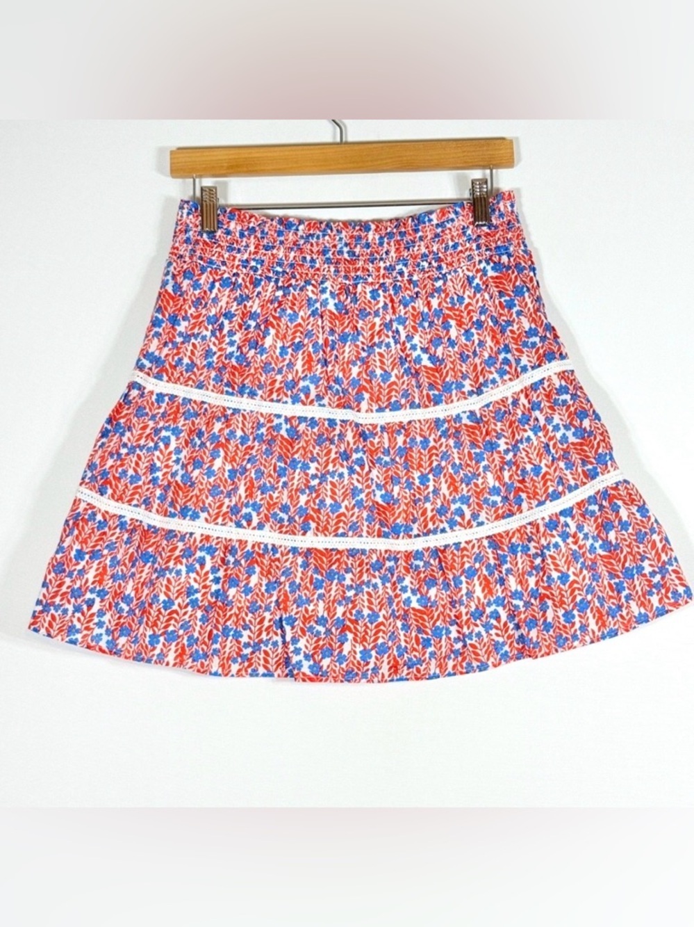 J. Crew Red & Blue Floral Smocked Mini Skirt